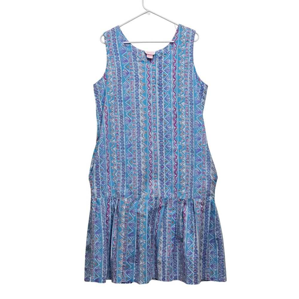 Vintage 90s Carriage Court Dress Muumuu L Blue Pink Geometric Drop Waist Pockets